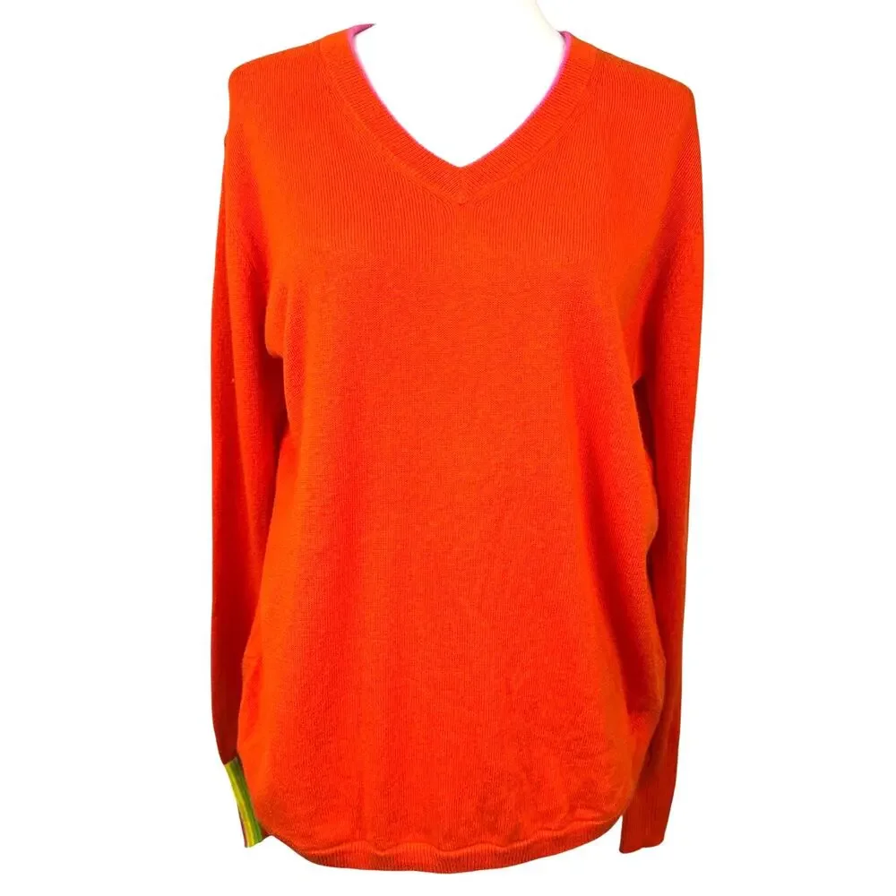 Zaket & Plover Cashmere Cotton Sweater Small Orange V-Neck Colorblock Accent
